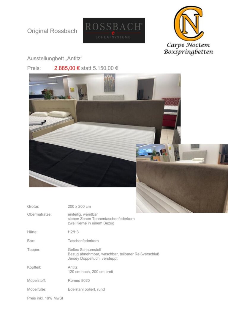 Ein großes, modernes Ausstellungsbett mit braunem Bezug und schwarzem Akzentstreifen