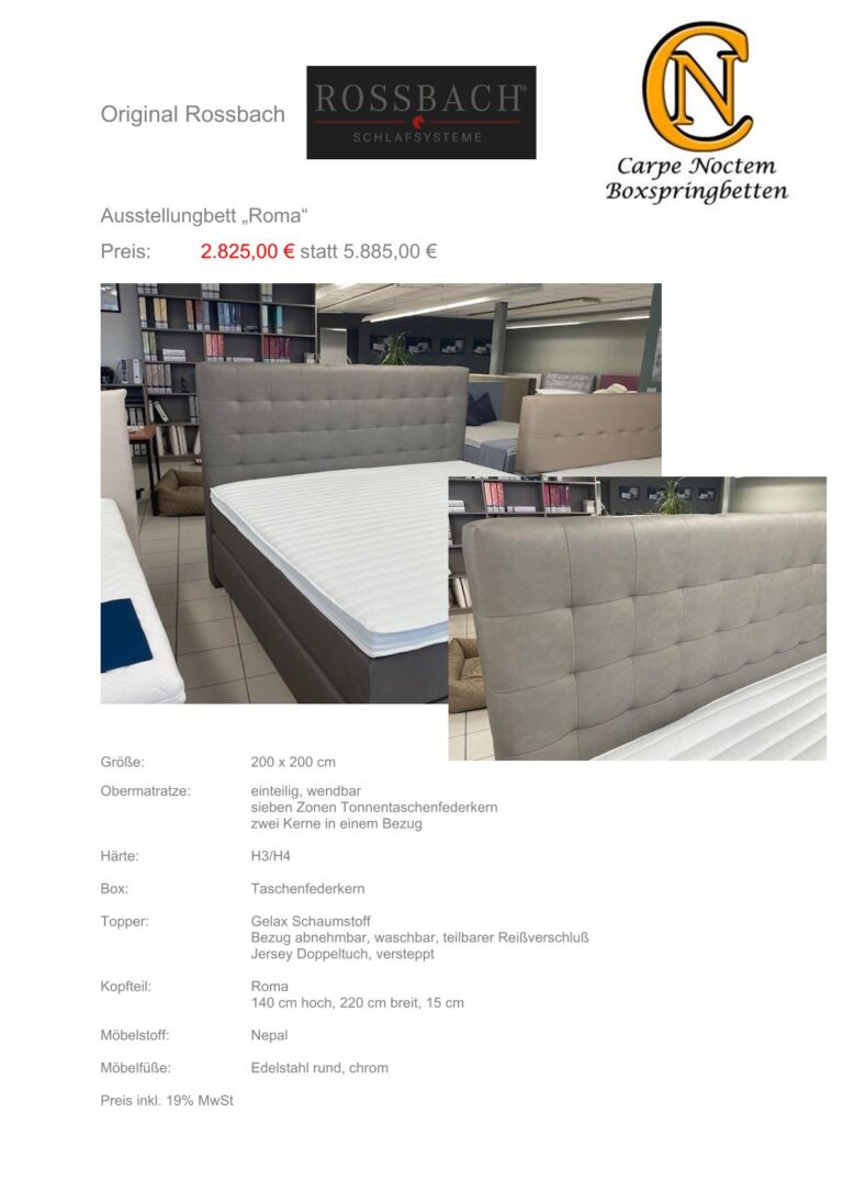 Ein modernes graues Boxspringbett mit gesteppter Kopfstütze in Ausstellungsraum