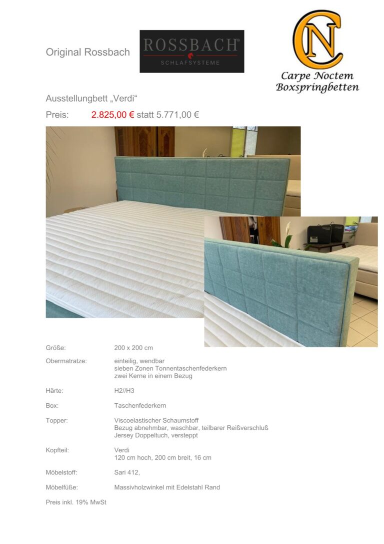 Ein modernes Ausstellungsbett mit hellem Kopfteil und sichtbaren Taschenfederkernmatratzen